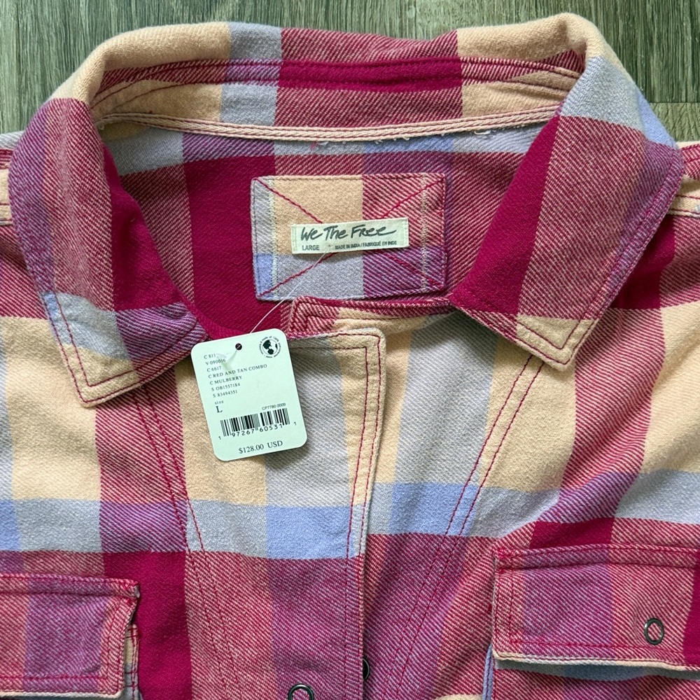 Free People Plaid Women’s Shirt in Pink, Cream and Purple - Picture 2 of 5